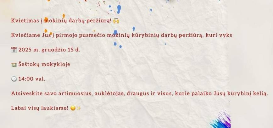 Meno mokyklos mokinių darbų peržiūra