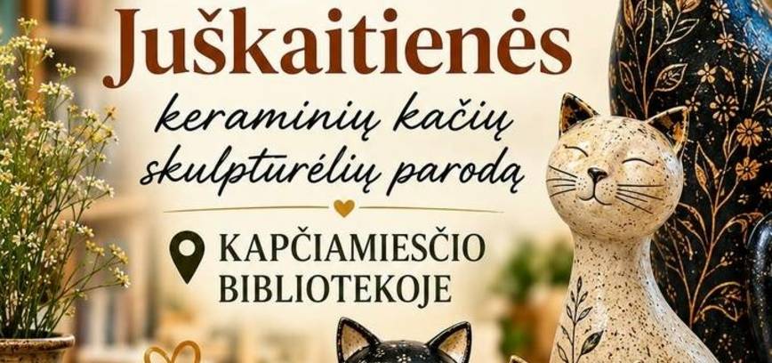 Wystawa ceramicznych rzeźb kotów autorstwa Diany Juškaitienė