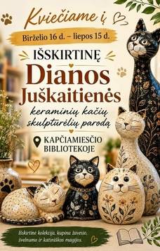 Wystawa ceramicznych rzeźb kotów autorstwa Diany Juškaitienė