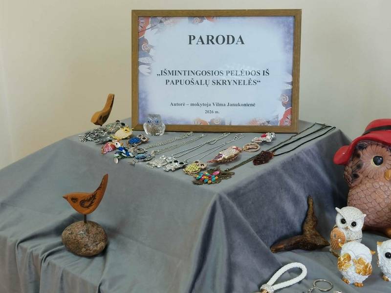 V. Janukonienės papuošalų – pelėdų paroda „Išmintingosios pelėdos iš papuošalų skrynelės“