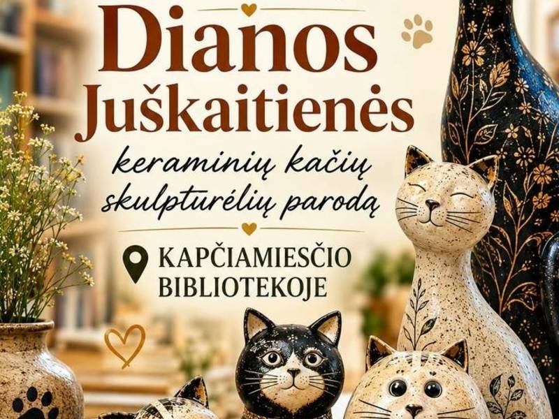Ausstellung von Katzenskulpturen aus Keramik von Diana Juškaitienė
